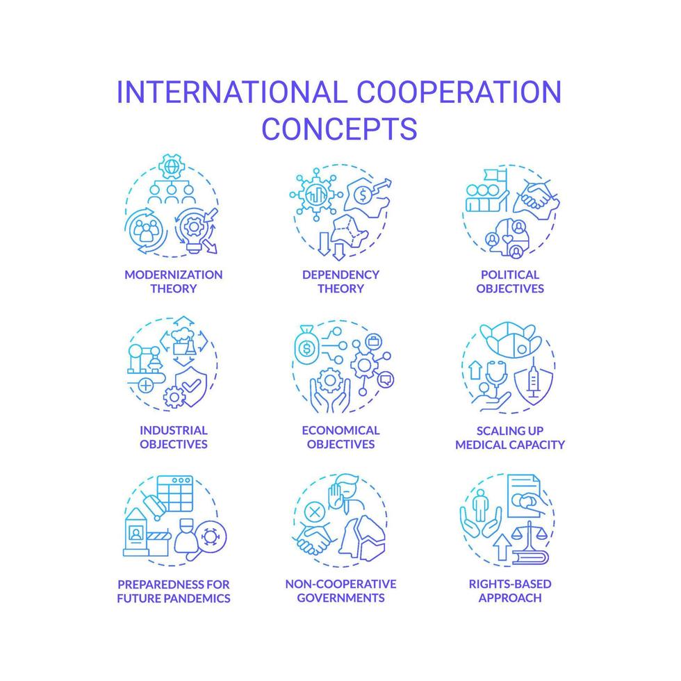 conjunto de iconos de concepto de gradiente azul de cooperación internacional. integración para la idea de desarrollo ilustraciones en color de línea delgada. símbolos aislados. trazo editable. vector