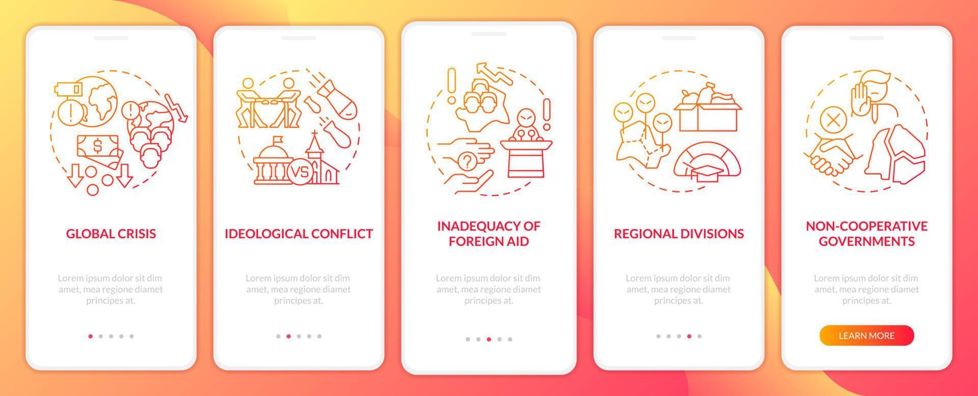 Lack of global cooperation red gradient onboarding mobile app screen. Walkthrough 5 steps graphic instructions pages with linear concepts. UI, UX, GUI template. vector