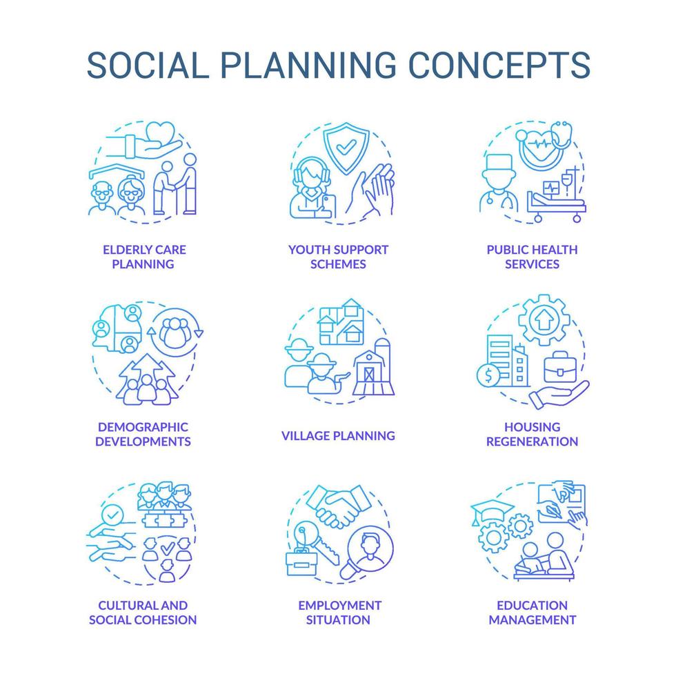 Social planning blue gradient concept icons set. Society issues and concerns. Community changes idea thin line color illustrations. Isolated symbols. vector