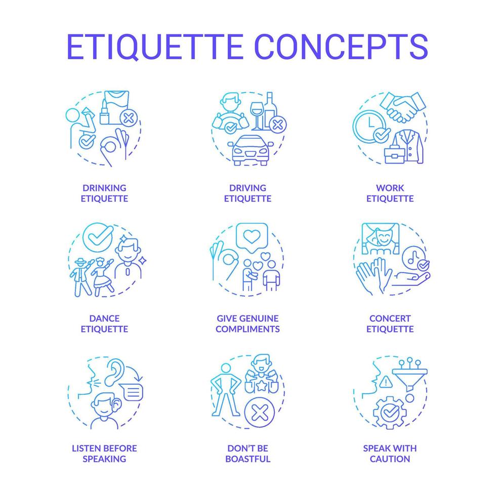 Etiquette blue gradient concept icons set. Set of rules and norms. Ethical behavior idea thin line color illustrations. Isolated symbols. Editable stroke. vector