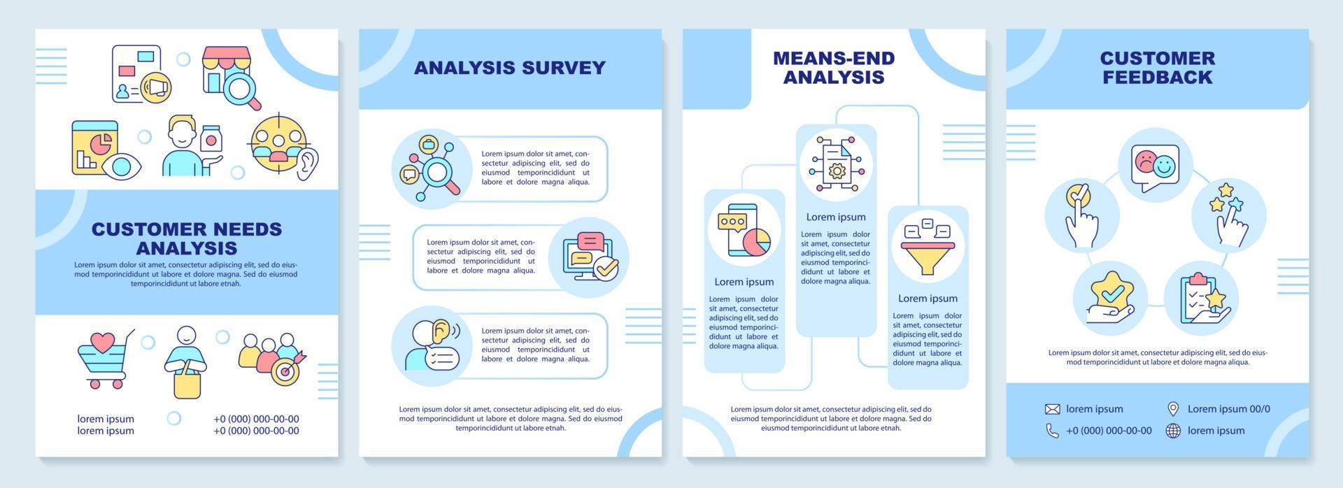 Customer needs analysis brochure template. Marketing strategy. Leaflet design with linear icons. 4 vector layouts for presentation, annual reports.