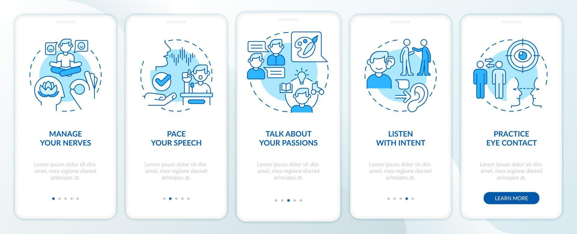 Steps to charisma blue onboarding mobile app screen. Charismatic person walkthrough 5 steps graphic instructions pages with linear concepts. UI, UX, GUI template. vector