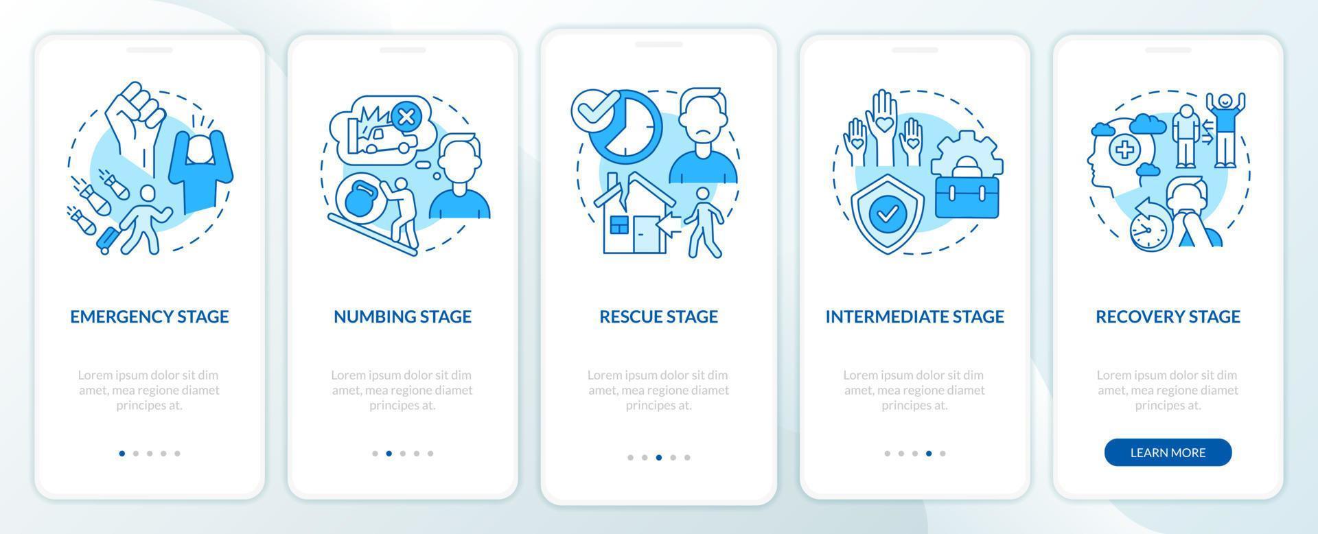 Stages of PTSD blue onboarding mobile app screen. Mental disorder walkthrough 5 steps graphic instructions pages with linear concepts. UI, UX, GUI template. vector