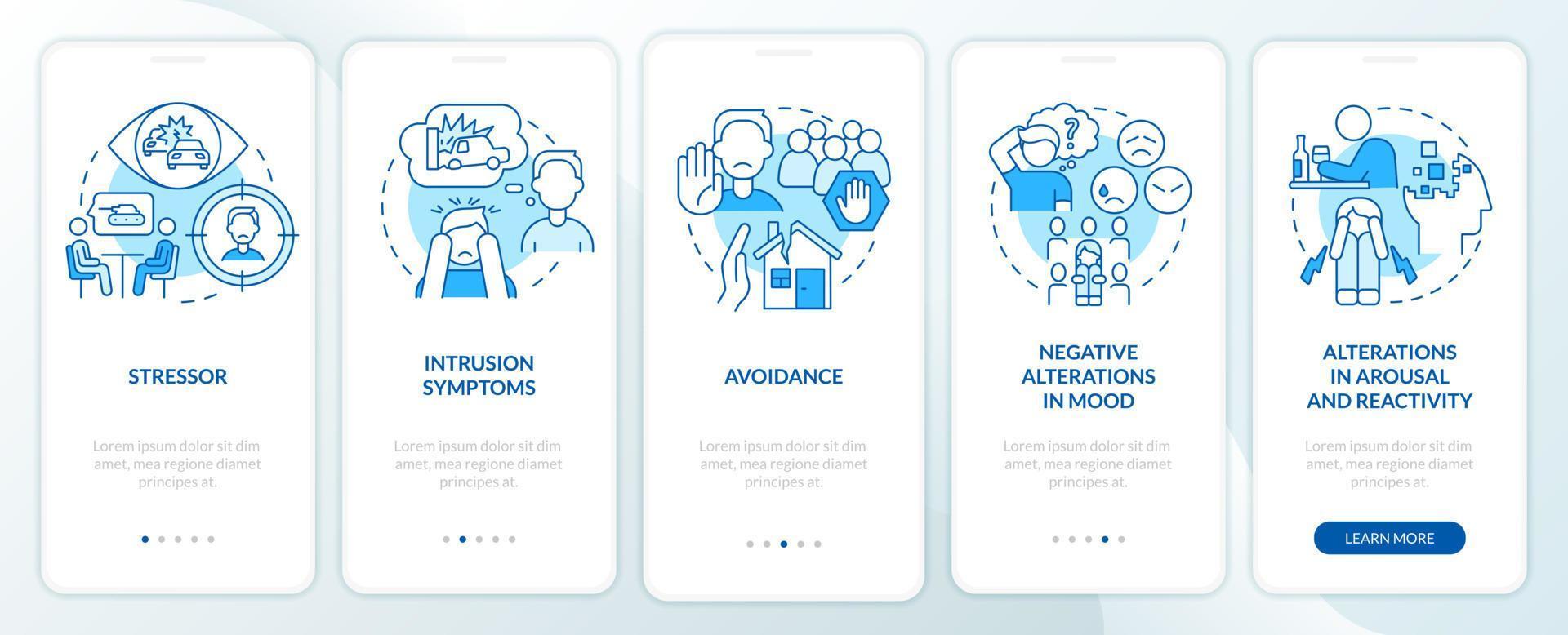 Criteria for PTSD blue onboarding mobile app screen. Problem symptoms walkthrough 5 steps graphic instructions pages with linear concepts. UI, UX, GUI template. vector