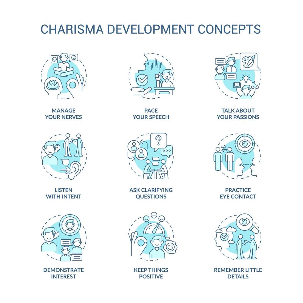 Charisma development turquoise concept icons set. Communication. Self presentation idea thin line color illustrations. Isolated symbols. Editable stroke. vector