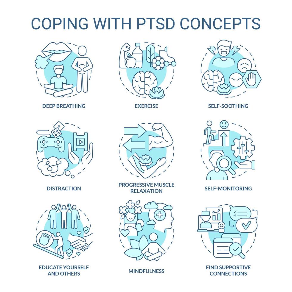 Coping with PTSD turquoise concept icons set. Mental health