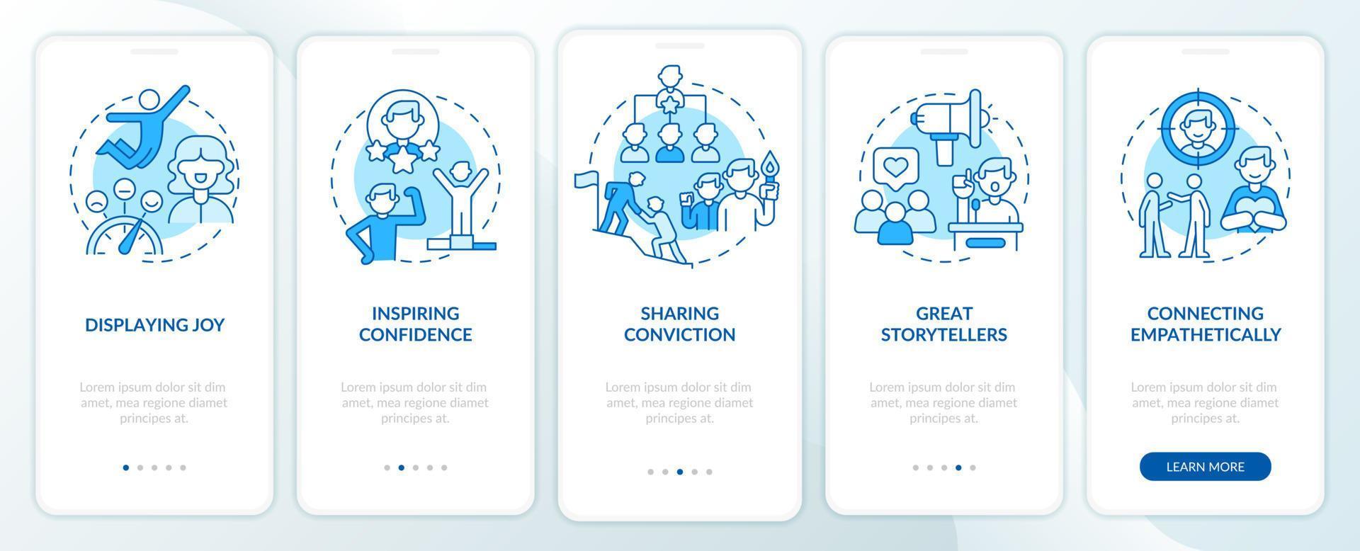 Charismatic people characteristics blue onboarding mobile app screen. Walkthrough 5 steps graphic instructions pages with linear concepts. UI, UX, GUI template. vector
