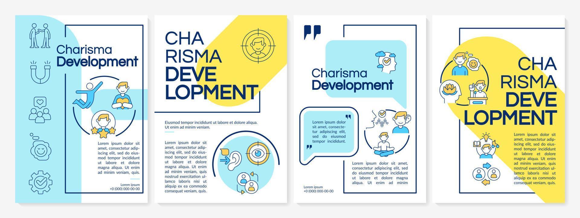 Charisma development blue and yellow brochure template. Build confidence. Leaflet design with linear icons. 4 vector layouts for presentation, annual reports.