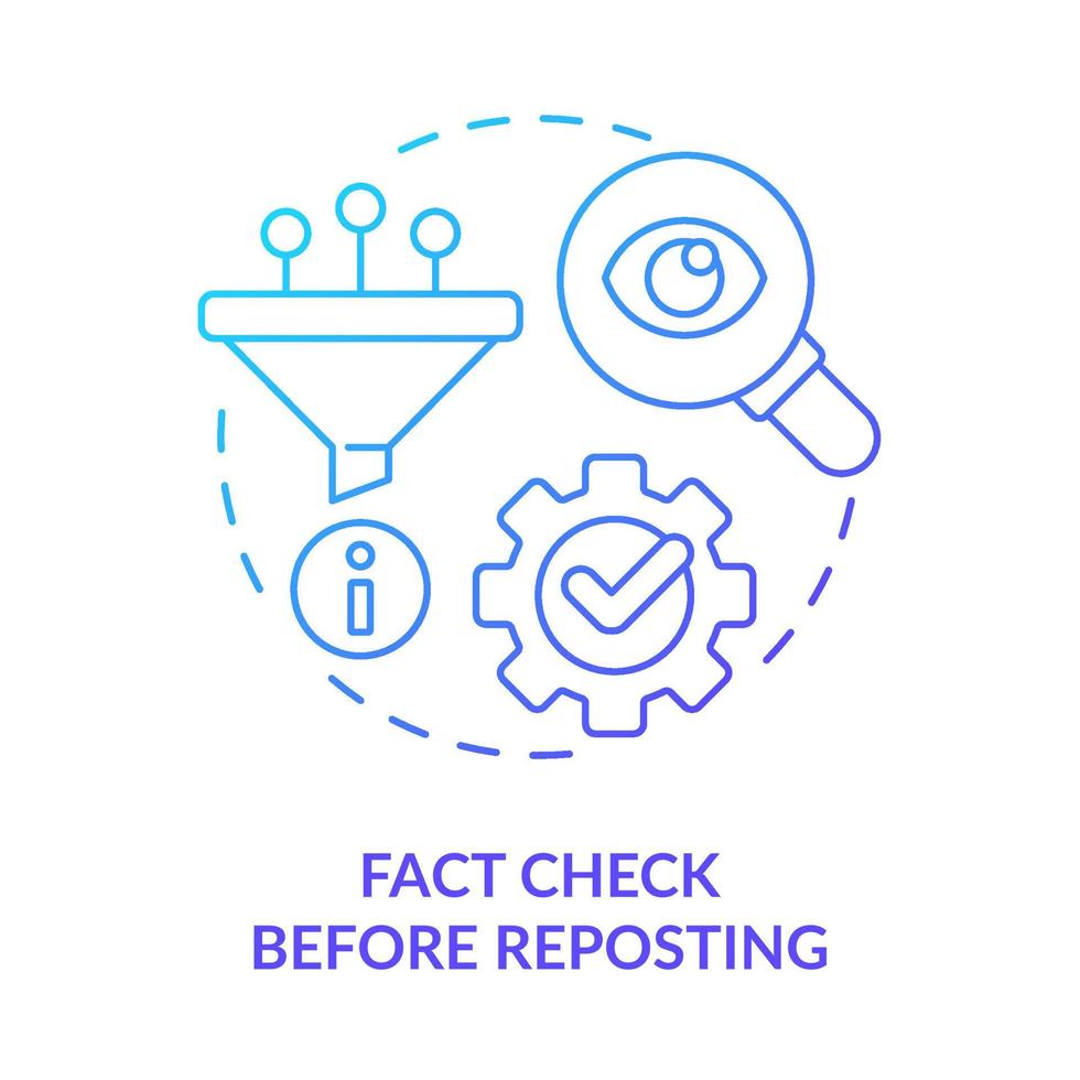 verificación de hechos antes de volver a publicar el icono del concepto de gradiente azul. comunicación por internet. regla de netiqueta idea abstracta ilustración de línea delgada. dibujo de contorno aislado. vector