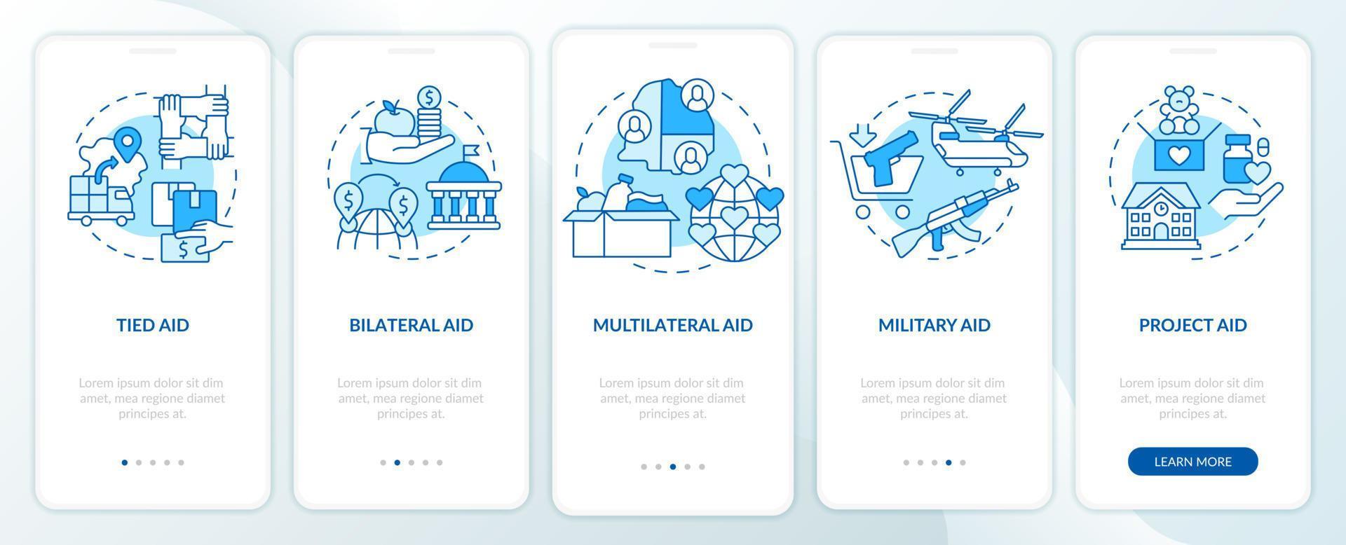 Types of foreign aid blue onboarding mobile app screen. Project aid walkthrough 5 steps graphic instructions pages with linear concepts. UI, UX, GUI template. vector