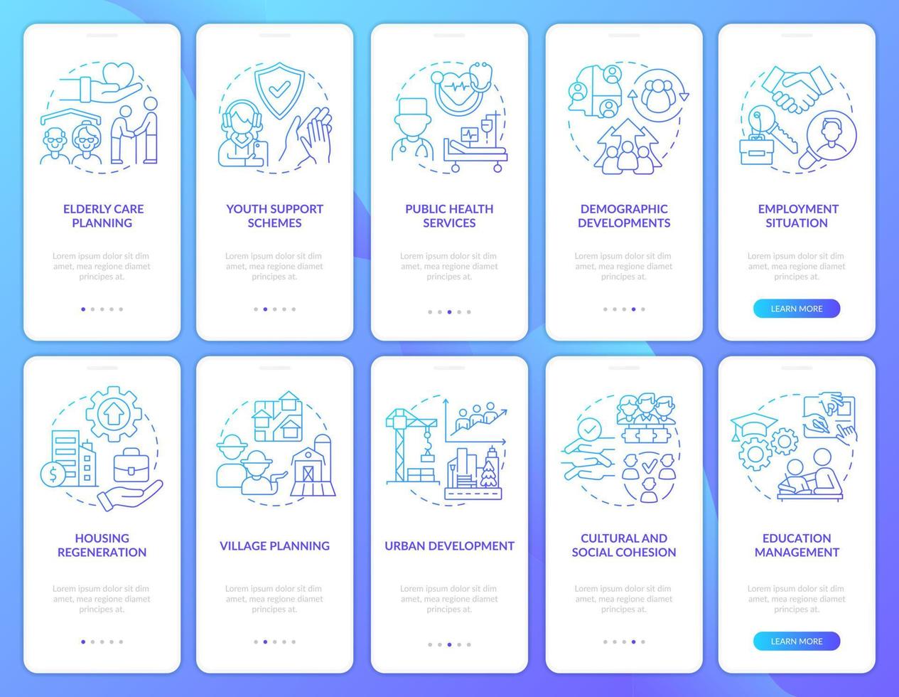 Social planning blue gradient onboarding mobile app screen. Examples walkthrough 5 steps graphic instructions pages with linear concepts. UI, UX, GUI template. vector