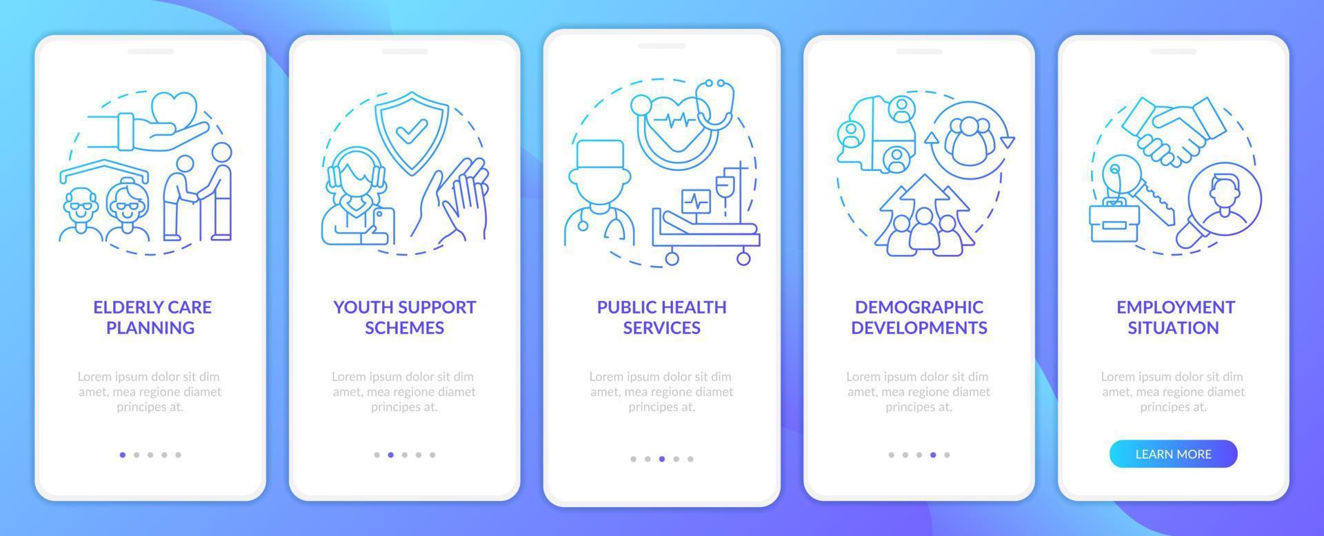 Social planning examples blue gradient onboarding mobile app screen. Walkthrough 5 steps graphic instructions pages with linear concepts. UI, UX, GUI template. vector