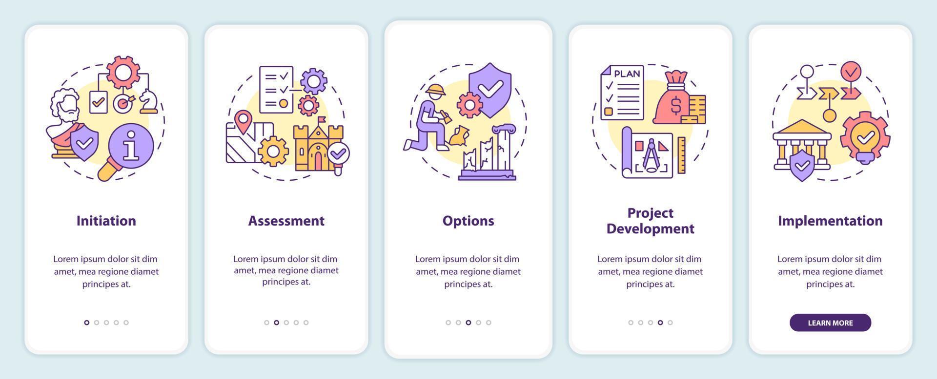 proceso de conservación del patrimonio que incorpora la pantalla de la aplicación móvil. tutorial de protección 5 pasos páginas de instrucciones gráficas con conceptos lineales. interfaz de usuario, ux, plantilla de interfaz gráfica de usuario. vector