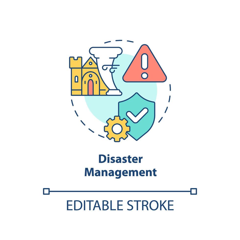 Disaster management concept icon. Heritage protection. Developmental activity abstract idea thin line illustration. Isolated outline drawing. Editable stroke. vector