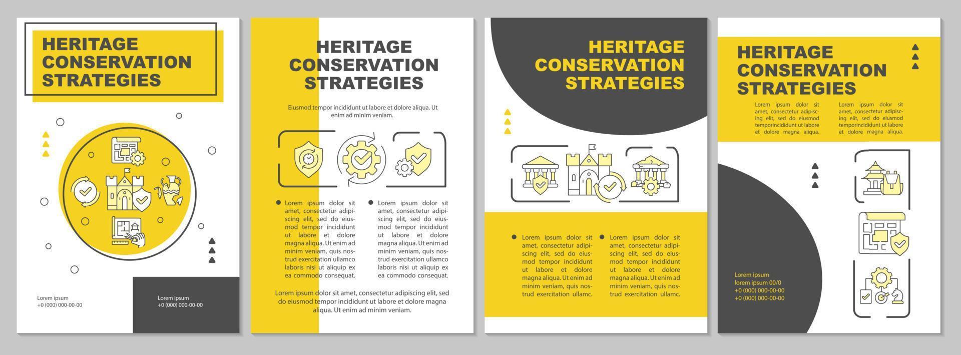 Heritage preservation management yellow brochure template. Leaflet design with linear icons. 4 vector layouts for presentation, annual reports.