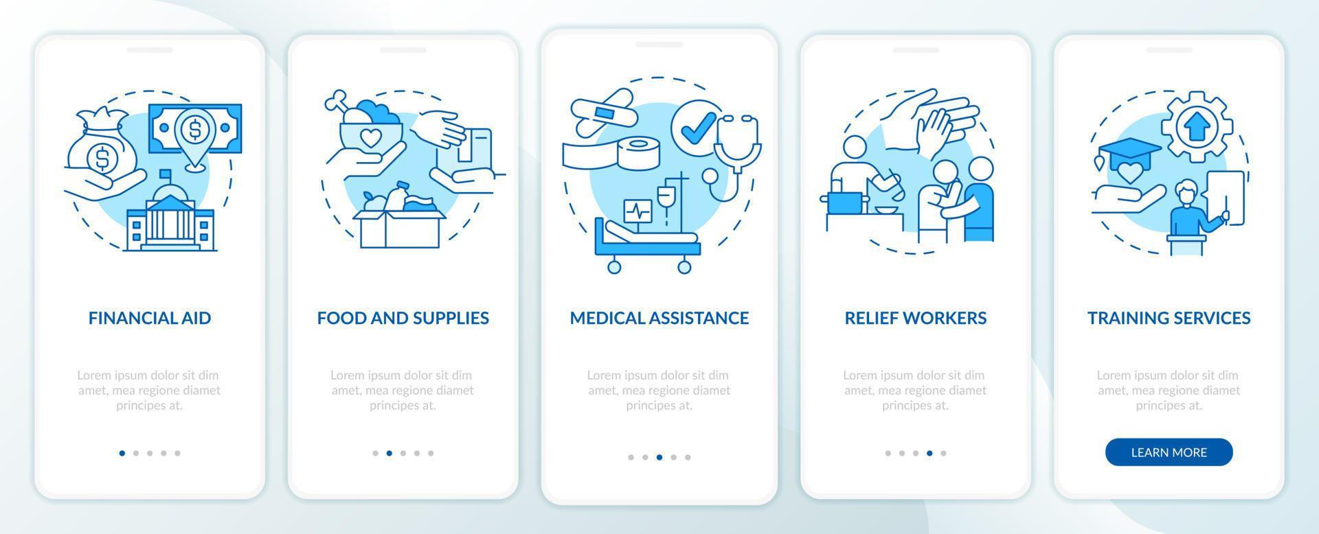 Countries providing different aid blue onboarding mobile app screen. Walkthrough 5 steps graphic instructions pages with linear concepts. UI, UX, GUI template. vector
