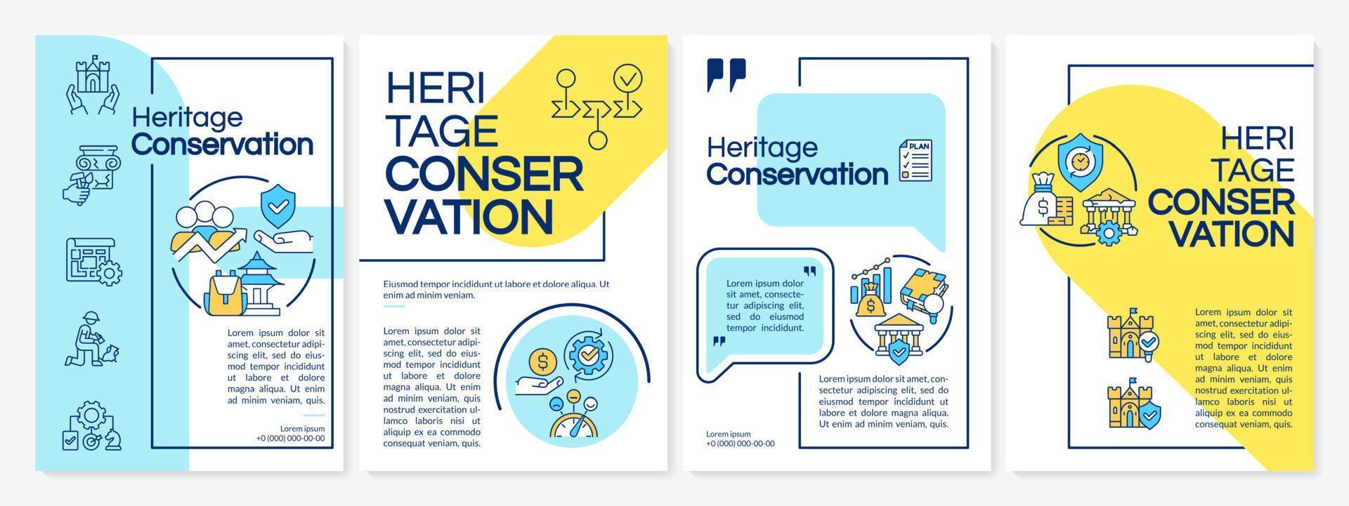 Heritage conservation blue and yellow brochure template. Landmark restoration. Leaflet design with linear icons. 4 vector layouts for presentation, annual reports.