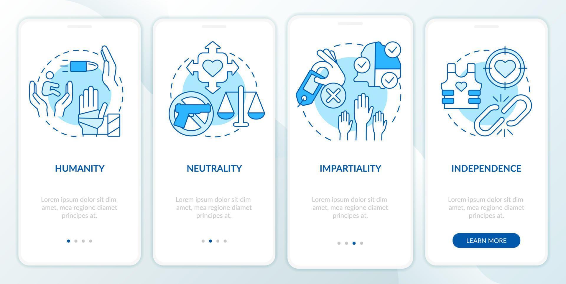 Foreign aid regulations blue onboarding mobile app screen. Impartiality walkthrough 4 steps graphic instructions pages with linear concepts. UI, UX, GUI template. vector