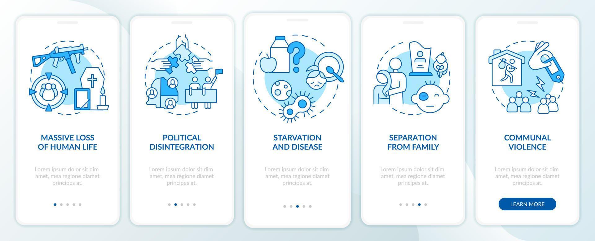 Armed hostilities results blue onboarding mobile app screen. Walkthrough 5 steps graphic instructions pages with linear concepts. UI, UX, GUI template. vector