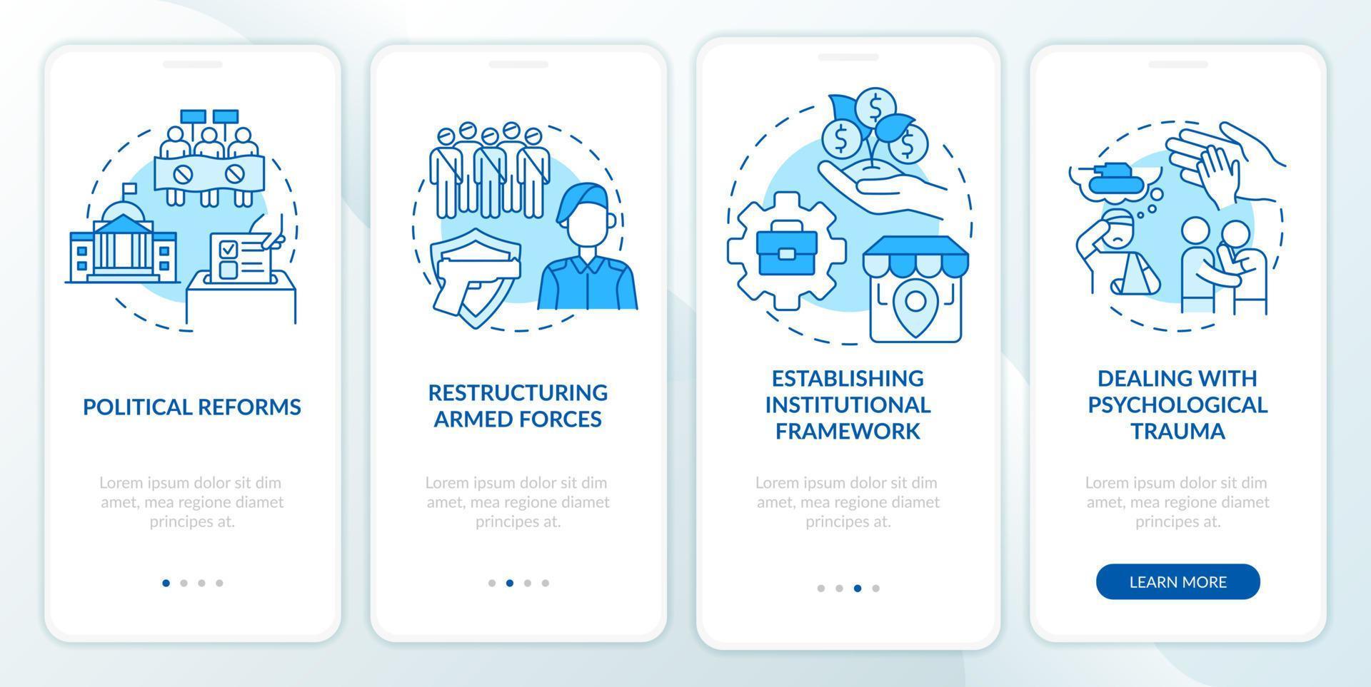 Rebuilding nation from war blue onboarding mobile app screen. Walkthrough 4 steps graphic instructions pages with linear concepts. UI, UX, GUI template. vector