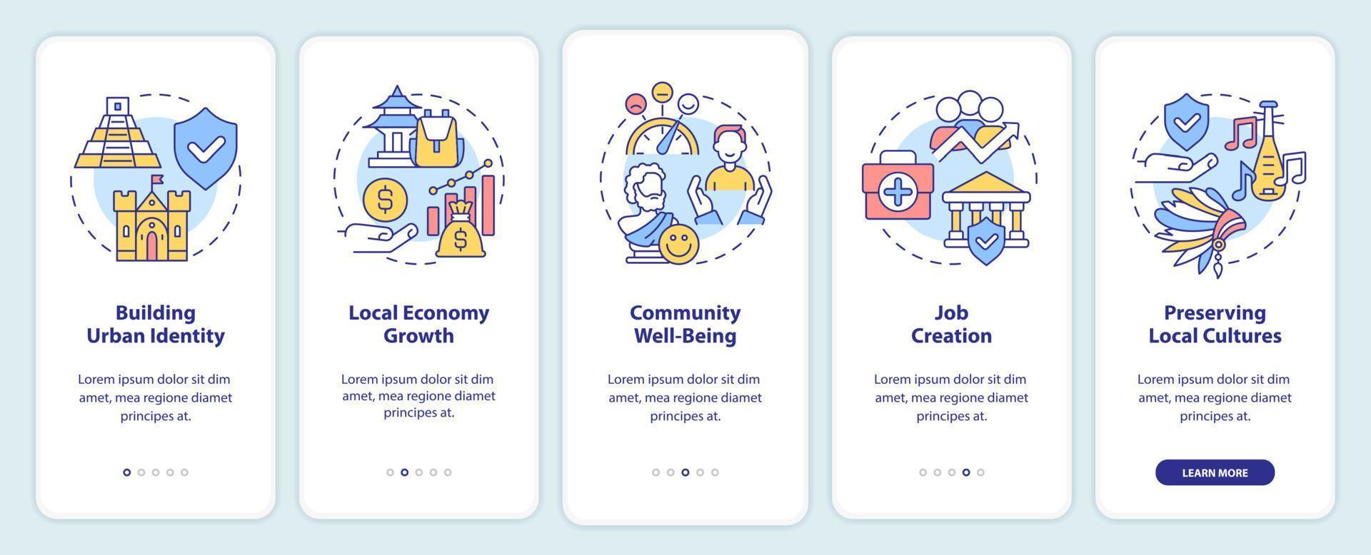 Heritage conservation policies onboarding mobile app screen. Protection walkthrough 5 steps graphic instructions pages with linear concepts. UI, UX, GUI template. vector
