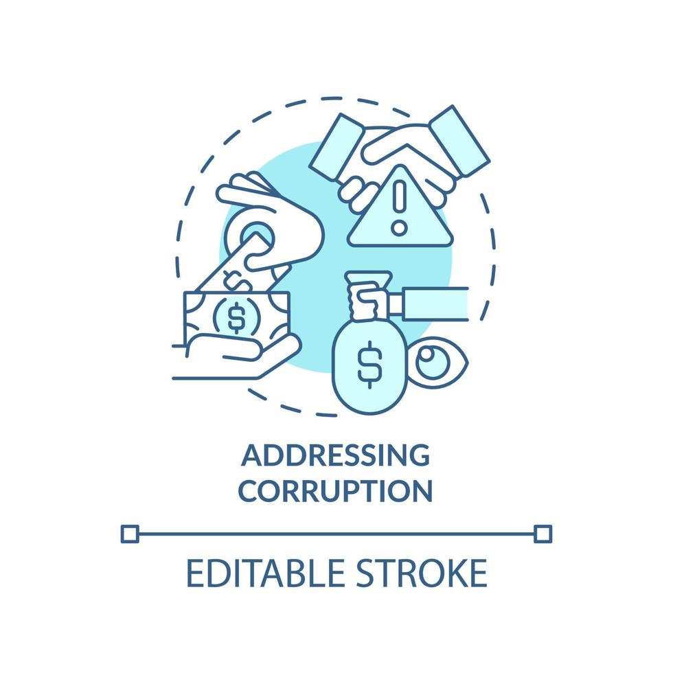 Addressing corruption turquoise concept icon. Armed hostilities prevention solution abstract idea thin line illustration. Isolated outline drawing. Editable stroke. vector