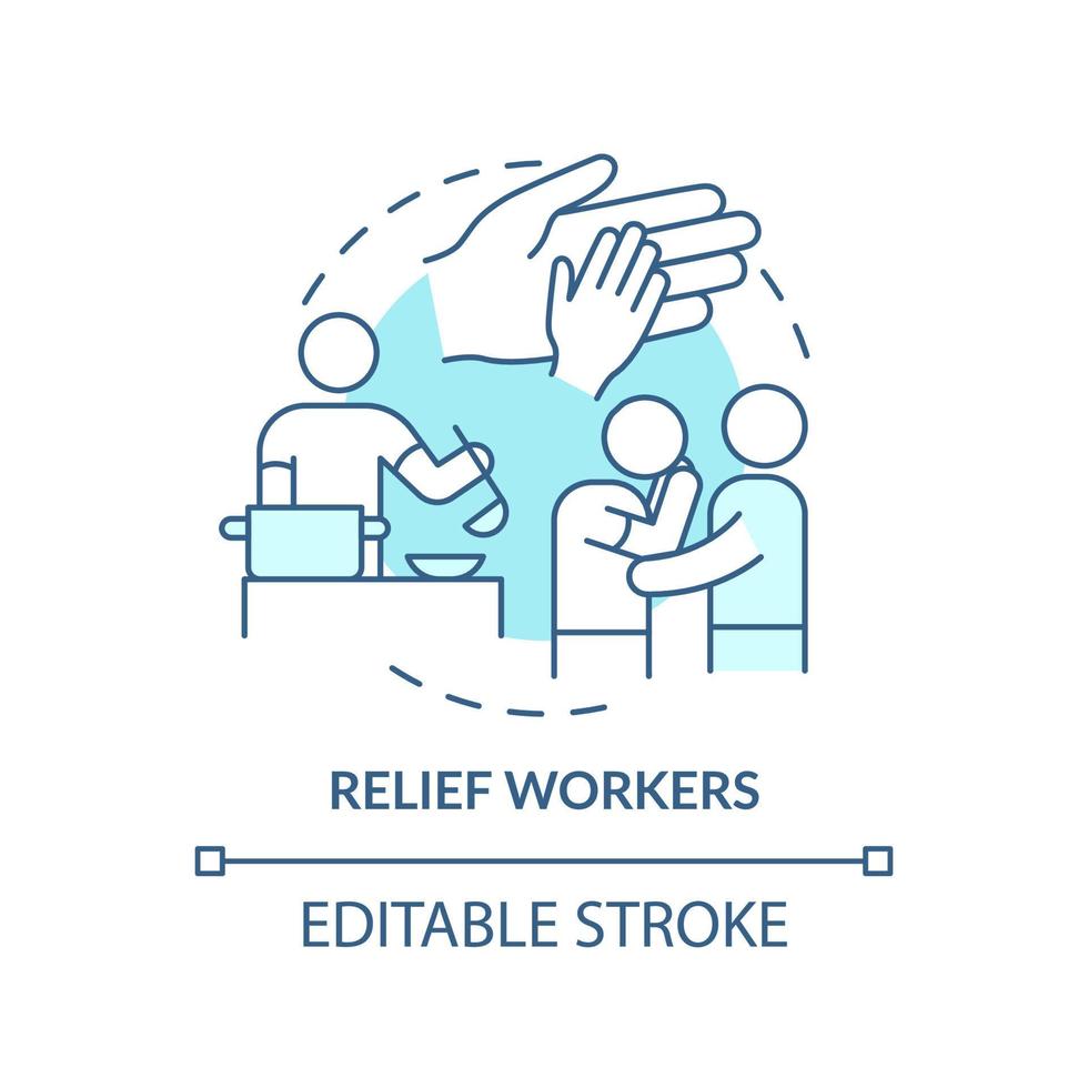 Relief workers turquoise concept icon. Government assistance type abstract idea thin line illustration. Disaster relief. Isolated outline drawing. Editable stroke. vector