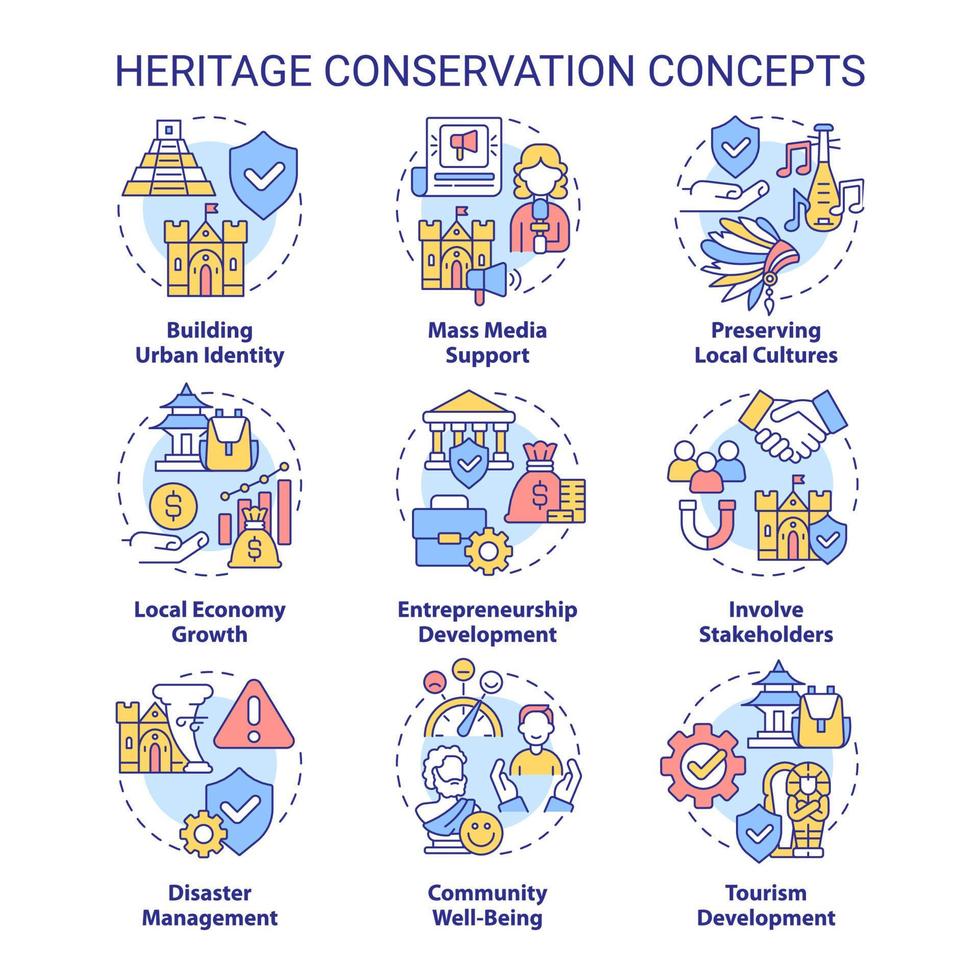 Heritage conservation concept icons set. Saving cultural artifacts program idea thin line color 