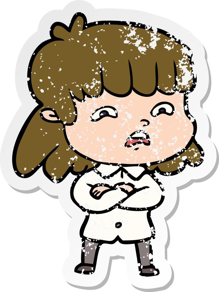 distressed sticker of a cartoon worried woman vector