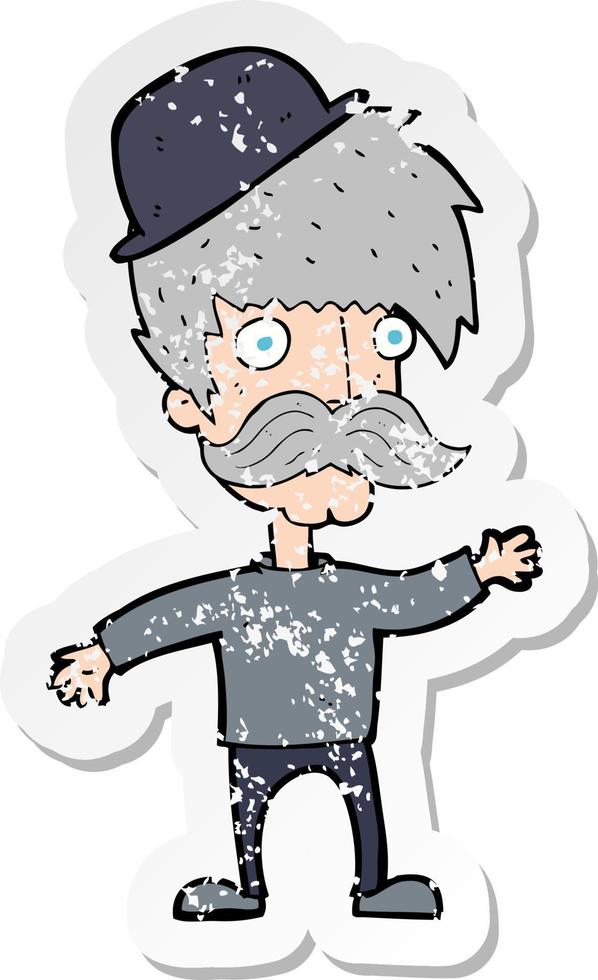 retro distressed sticker of a cartoon man wearing bowler hat vector