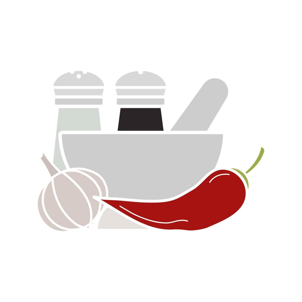 Spices glyph color icon. Salt and pepper shakers, garlic, chili, mortar and pestle. Silhouette symbol on white background with no outline. Negative space. Vector illustration