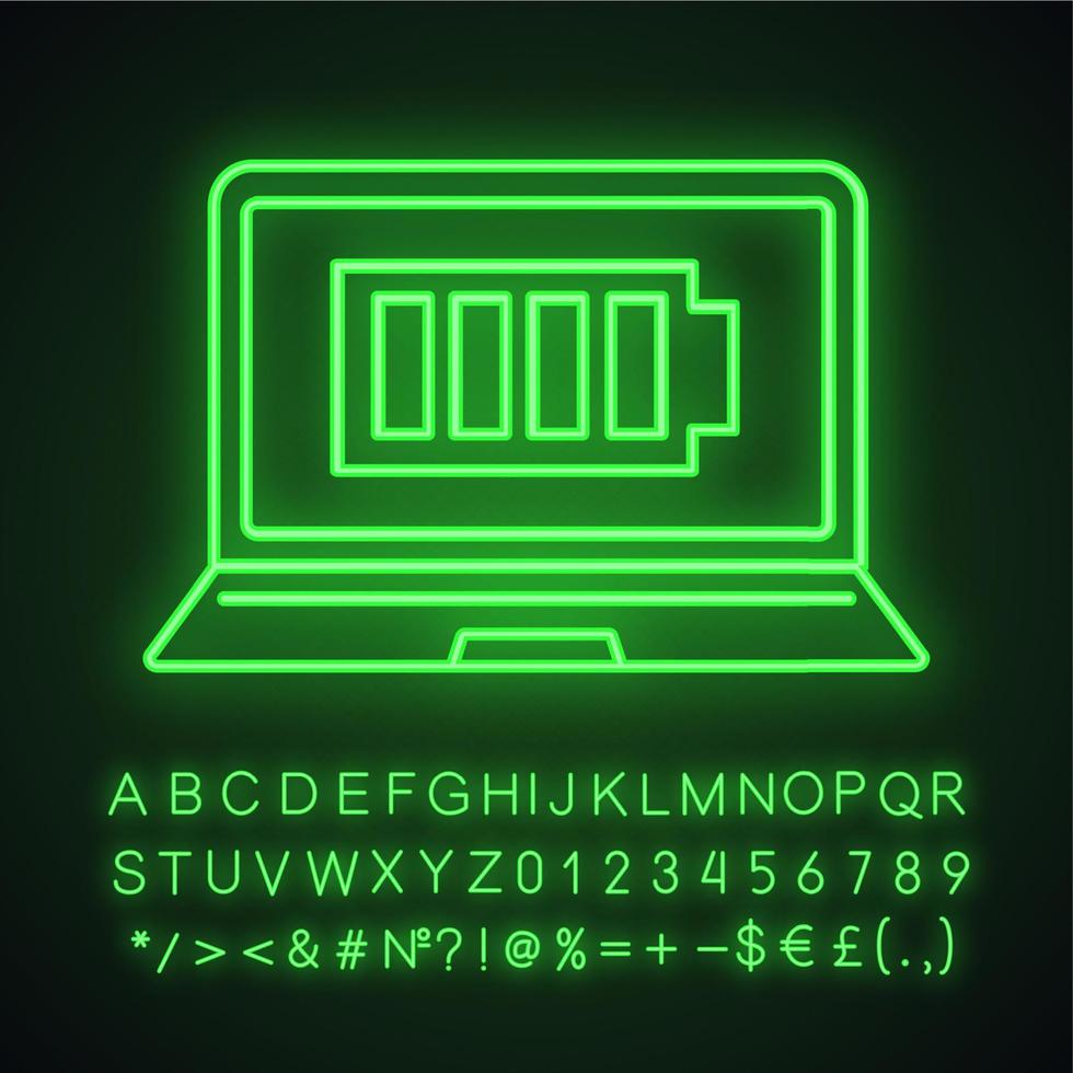 Fully charged laptop battery neon light icon. Computer charge completed. Notebook battery level indicator. Glowing sign with alphabet, numbers and symbols. Vector isolated illustration