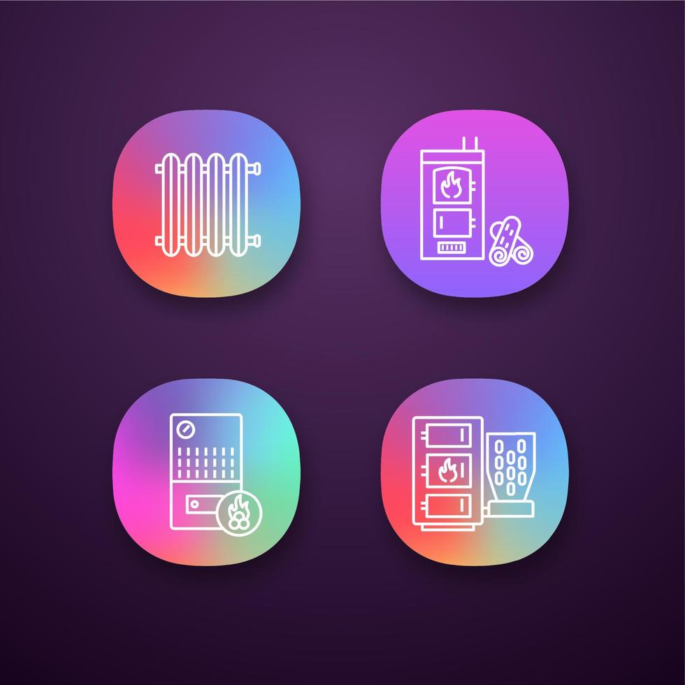Heating app icons set. Radiator, firewood and pellet boiler, solid fuel heater. UI UX user interface. Web or mobile applications. Vector isolated illustrations
