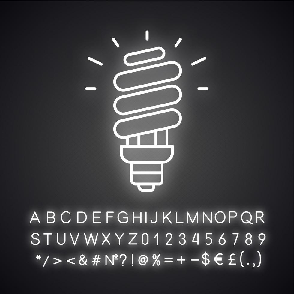 Energy saving light bulb neon light icon. Compact fluorescent lamp. Energy efficiency light. Glowing sign with alphabet, numbers and symbols. Vector isolated illustration