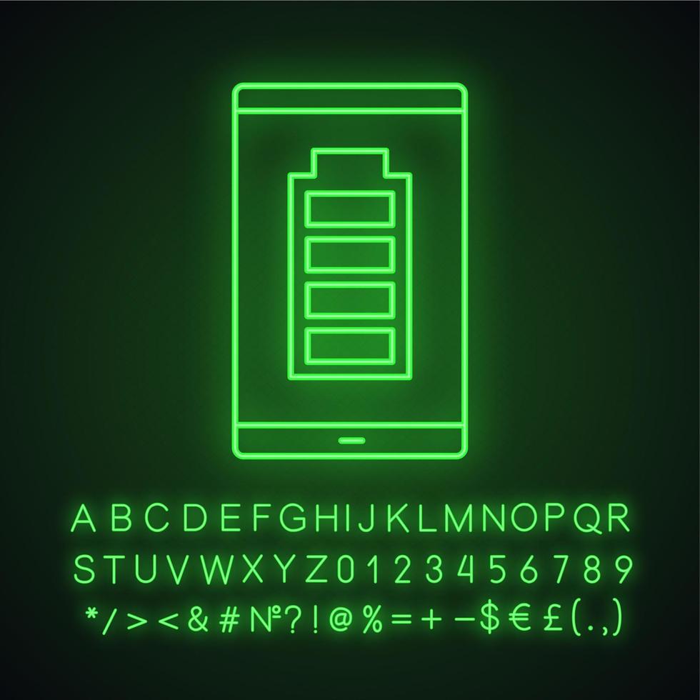 Fully charged smartphone battery neon light icon. Mobile phone charge completed. Battery level indicator. Glowing sign with alphabet, numbers and symbols. Vector isolated illustration