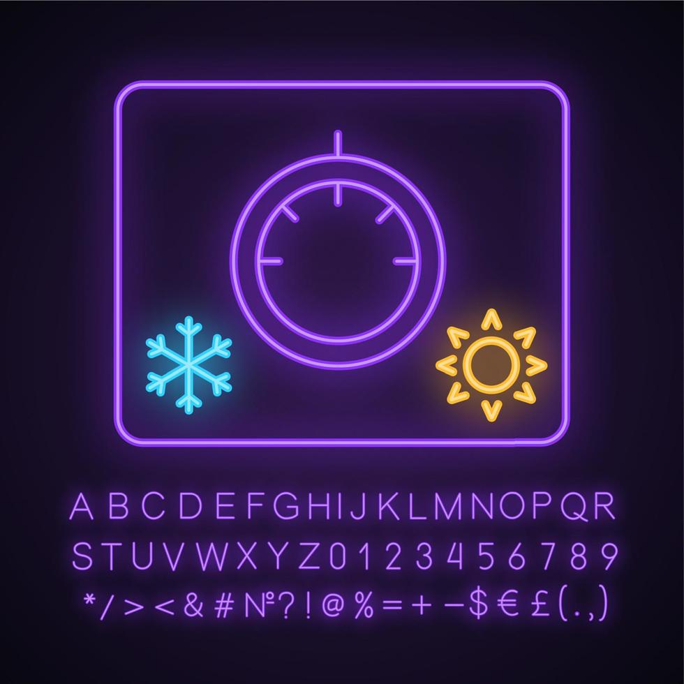 Climate control knob neon light icon. Car temperature regulation. Thermostat. Glowing sign with alphabet, numbers and symbols. Vector isolated illustration