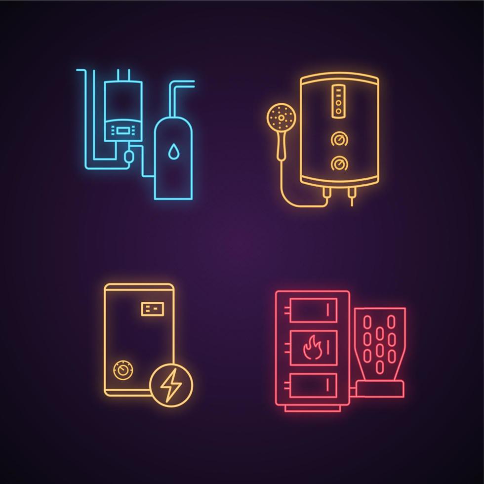 Heating neon light icons set. Boiler room, tankless water electric heater, pellet boiler. Glowing signs. Vector isolated illustrations