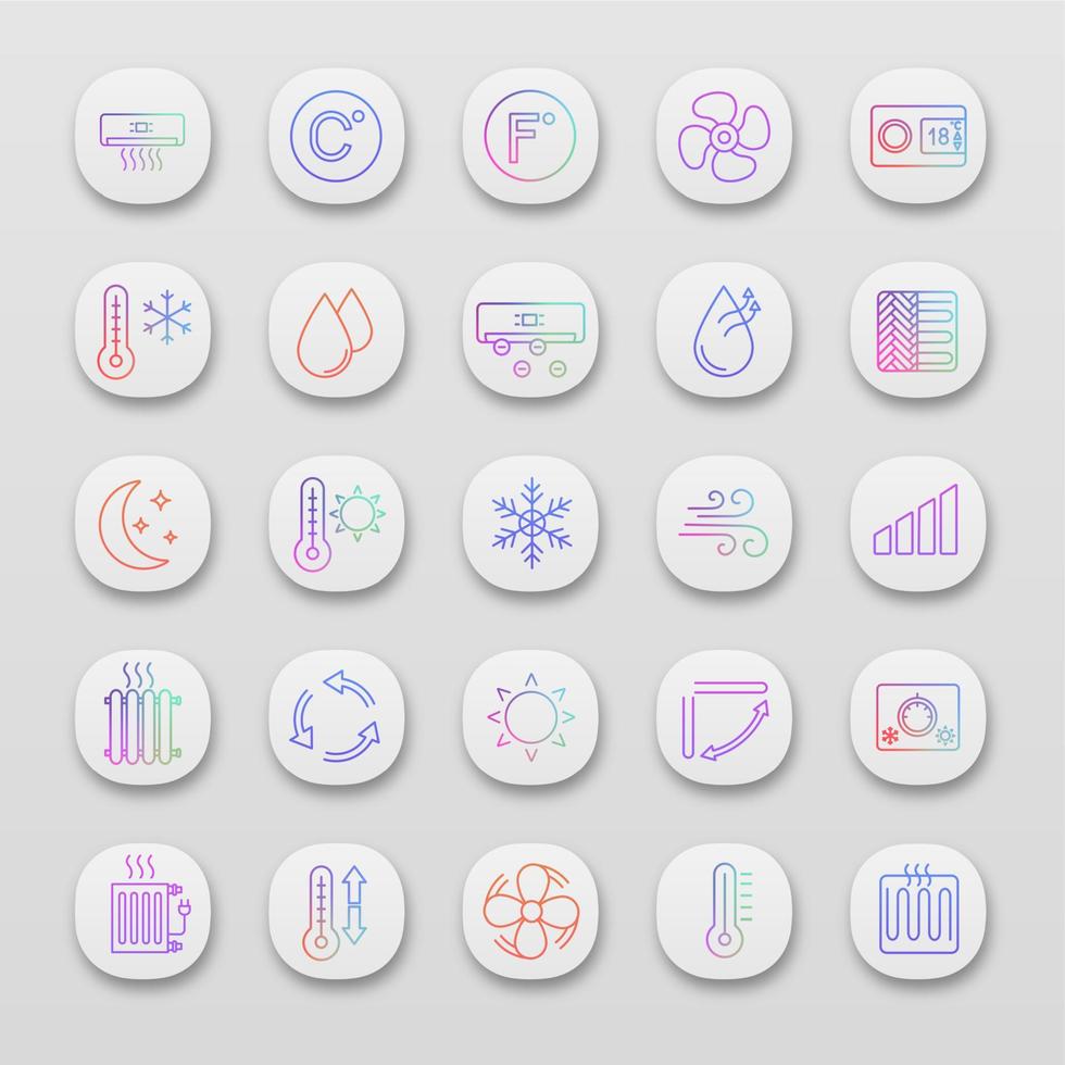 Air conditioning app icons set. UI UX user interface. Air heating, humidification, ionization, ventilation. Climate control. Web or mobile applications. Vector isolated illustrations
