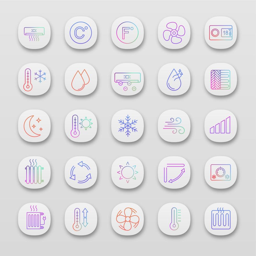 conjunto de iconos de aplicaciones de aire acondicionado. interfaz de usuario ui ux. calentamiento de aire, humidificación, ionización, ventilación. control climatico. aplicaciones web o móviles. Ilustraciones de vectores aislados