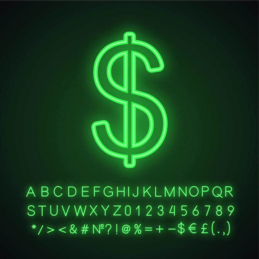 Dollar neon light icon. US dollar currency sign. Glowing sign with alphabet, numbers and symbols. Vector isolated illustration