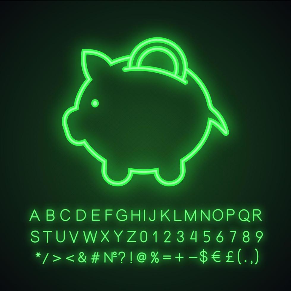 Piggy bank neon light icon. Glowing sign with alphabet, numbers and symbols. Vector isolated illustration