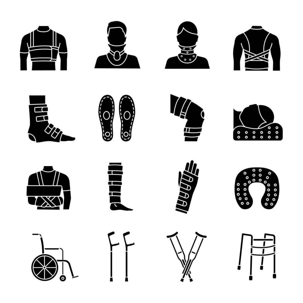 Trauma treatment glyph icons set. Orthopedic equipment. Braces and bandages, crutches. Injuries, broken legs and arms recovery. Mobility aid. Silhouette symbols. Vector isolated illustration