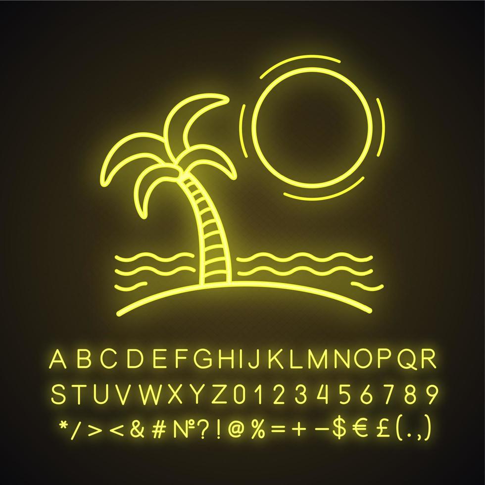 Island neon light icon. Seashore. Beach with palm tree, waves and sun. Glowing sign with alphabet, numbers and symbols. Vector isolated illustration