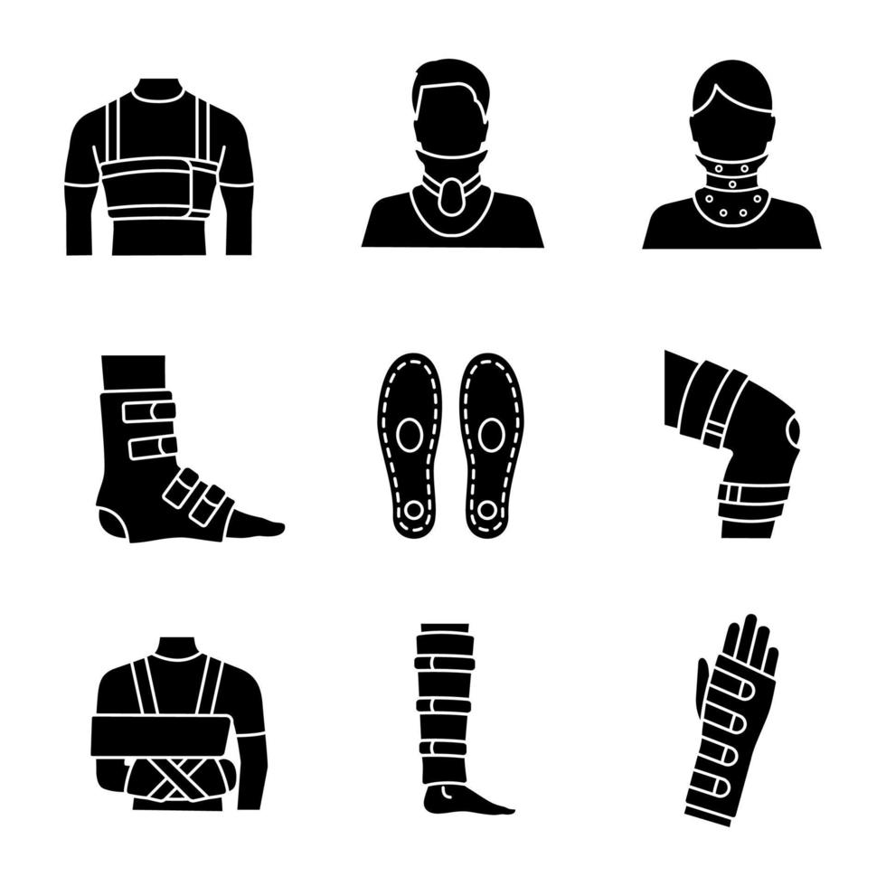 Trauma treatment glyph icons set. Rib belt, cervical collar, ankle and knee braces, insoles, shoulder immobilizer, shin support, wrist brace. Silhouette symbols. Vector isolated illustration