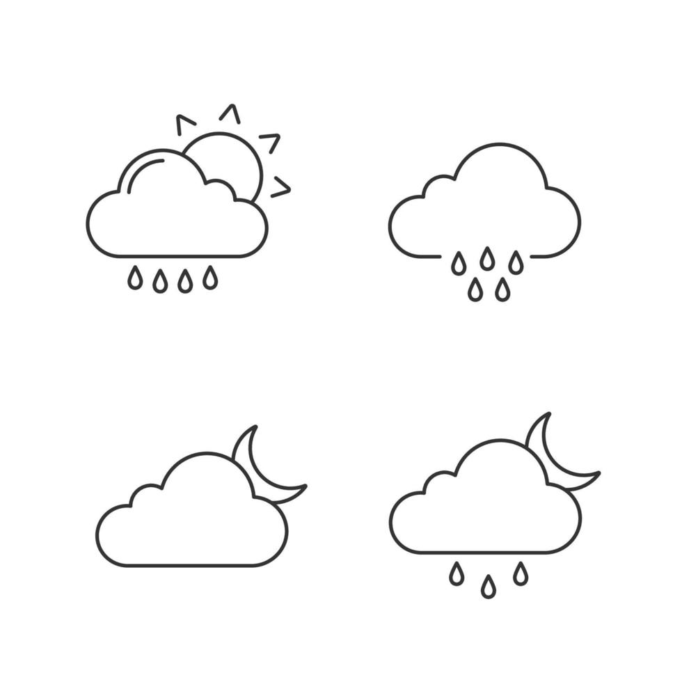Weather forecast linear icons set. Rain with sun, rainy weather, cloudy night, drizzle and scattered shower. Thin line contour symbols. Isolated vector outline illustrations. Editable stroke