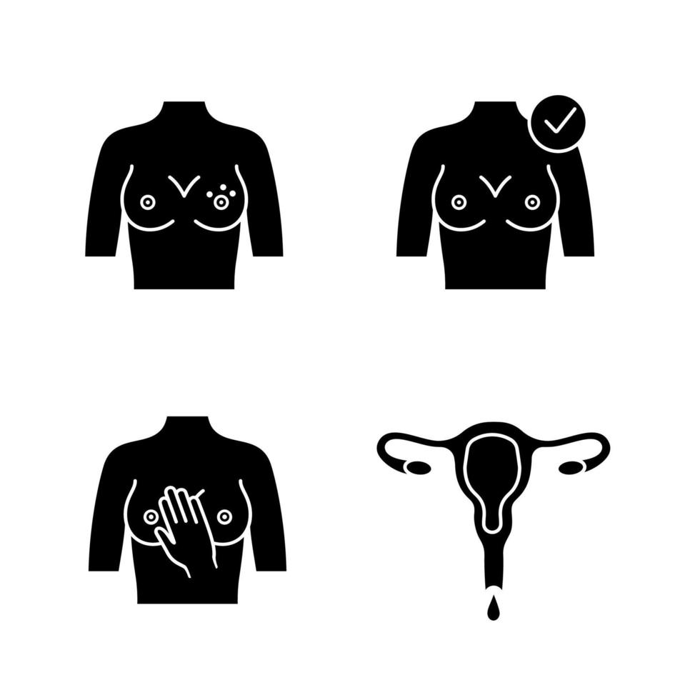 Gynecology glyph icons set. Breast rash, womens health, breast palpation, menstruation. Silhouette symbols. Vector isolated illustration