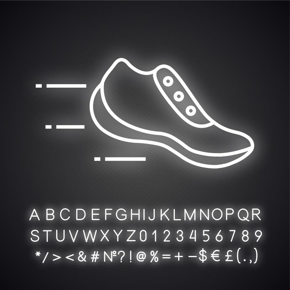 Flying sneaker neon light icon. Motion. Comfort trainers. Sports footwear. Glowing sign with alphabet, numbers and symbols. Vector isolated illustration