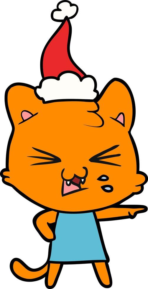 line drawing of a hissing cat wearing santa hat vector