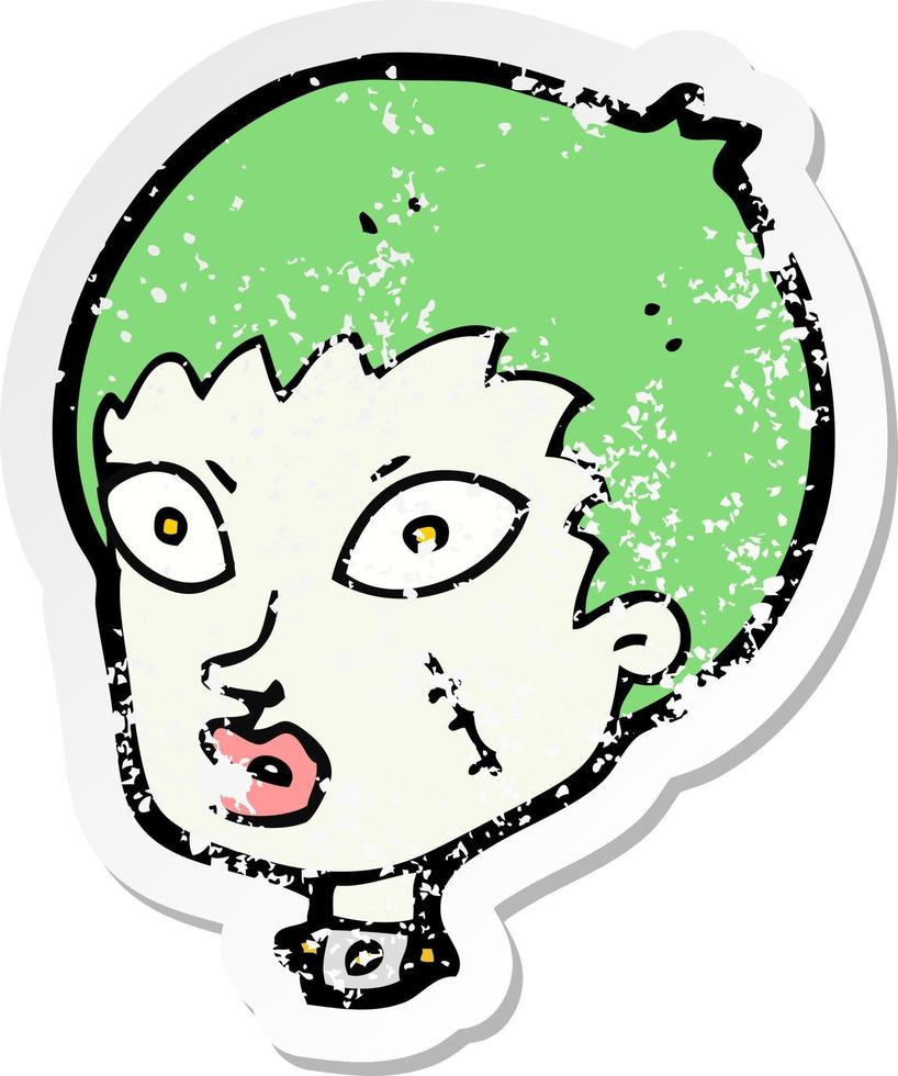 retro distressed sticker of a cartoon female zombie head vector