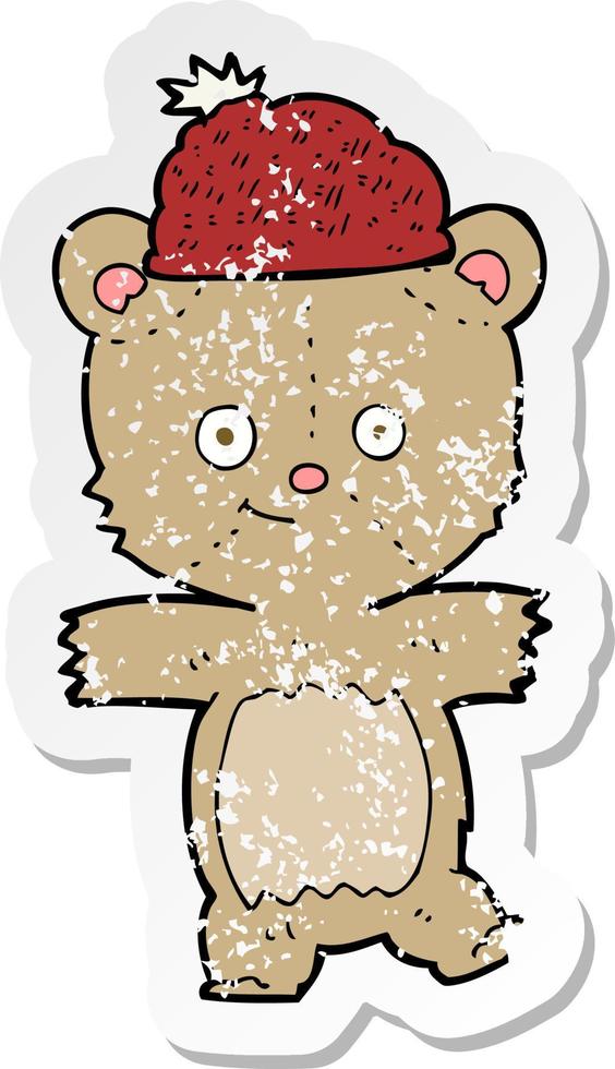 retro distressed sticker of a cartoon bear in hat vector
